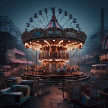 Um parque de divers&otilde;es,com roda gigante, brinquedos e carrocel. O parque est&aacute; abandonada e s&oacute; o carrocel est&aacute; funcionando. Uma imagem p&oacute;s apocal&iacute;ptico 
