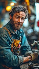 Fototapeta premium Smiling mechanic in a photo while working in a car repair business.