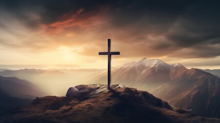 Holy cross on top of mountain at sunset or sunrise  symbolizing the death and resurrection of Jesus Christ . Hill is shrouded in light and clouds, horizontal background, Religion, Christianism concept