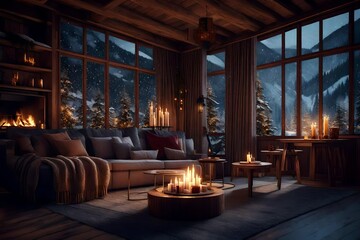  cozy living room on cold winter night in the mountains, evening interior of chalet decorated with candles, fireplace fills the room with warmth. It's snowing outside the window  - obrazy, fototapety, plakaty
