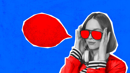 Contemporary art collage. Woman in red sunglasses want to say something against blue background....