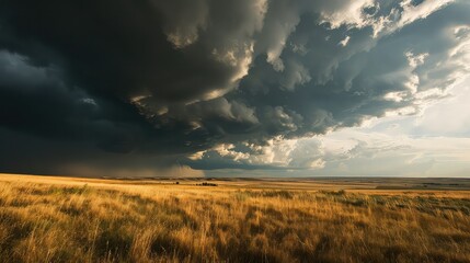  thunderstorm rolling in over a sunlit prairie, with dark clouds contrasting the  c