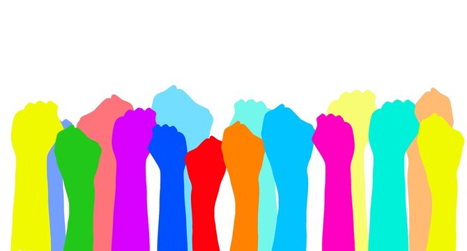 Colorful handheld raised hands group art therapy illustration. Hands in paint of rainbow colors raised up art, party, joy and fun, friendship or diversity symbols.