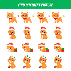 Find different ginger kitten in each row. Logical game for kids. Cartoon cute red cat. Christmas game.