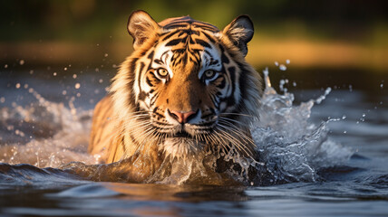 Fototapeta na wymiar tiger gracefully walking through water