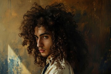 A young man with a shock of black long curly hair.