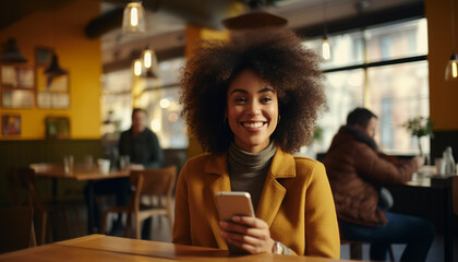 smiling african american woman using smartphone in cafe - stock photo
