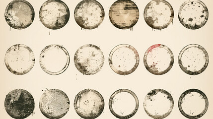 Vintage Grunge Post Stamps Collection with Distressed Circles and Retro Banners - Aged Insign and Antique Texture for Design Backgrounds and Abstract Retro Artwork.