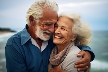 People. Happy couple, a man and an aged woman, laughing and hugging on the ocean or seashore. Close-up.