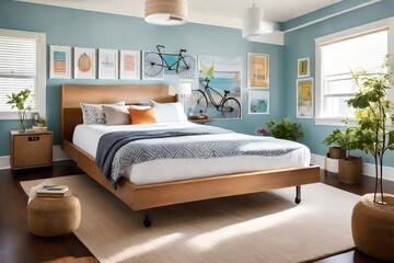 vibrant and lively bedroom atmosphere, featuring dynamic bike posters as the focal point.