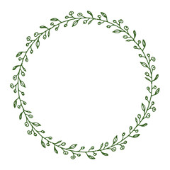 Circle floral green twigs frame, vector illustration. Hand drawn wreath leaves.