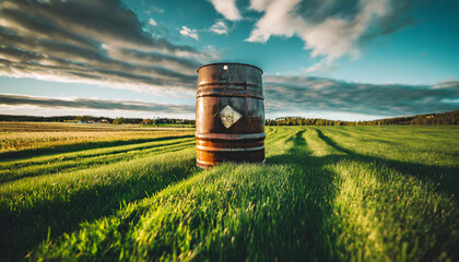 Vivid wide-angle image of a rusty oil barrel in a farm field against a blue sky with clouds,...