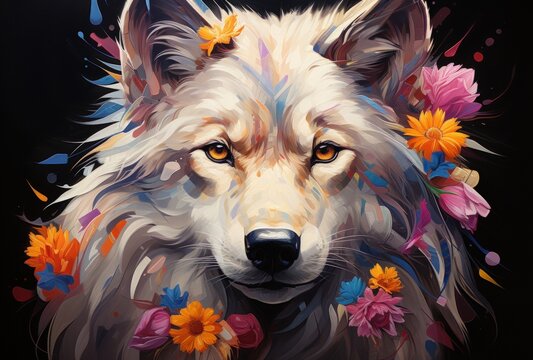 Majestic White Wolf with Vibrant Floral Crown