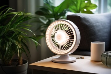 A contemporary table fan enhances the atmosphere in the living room.