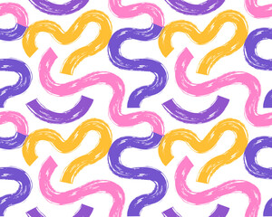 Bright Grunge scribble wallpaper print with squiggles and wavy brushes bold lines. Charcoal drawn curved strokes and marker wavy lines. Organic rough smears seamless banner pattern.