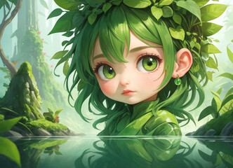 The nature girl character is standing in a dense green forest. The character is dressed in a green cloak and is surrounded by bright leaves and trees.