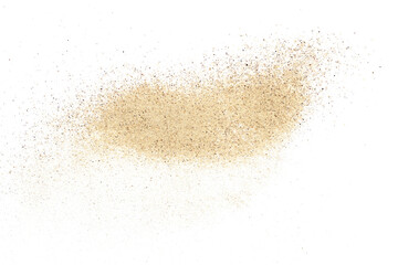 Milled white pepper powder pile, peppercorn isolated on white background, top view