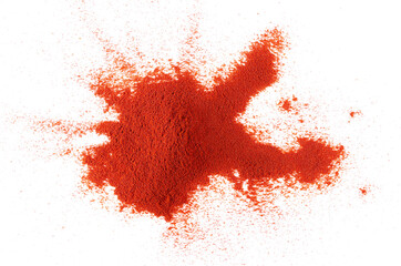 Pile of red cayenne paprika powder isolated on white background, top view