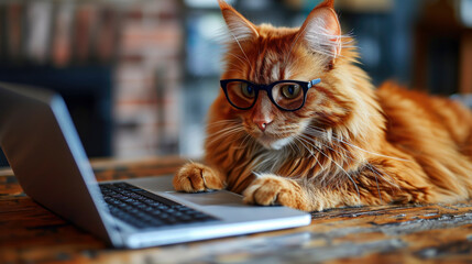A funny cat wearing glasses laying on a table next to a laptop