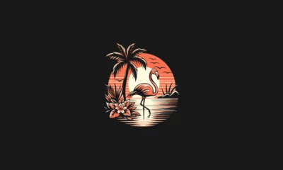 Fotobehang flamingo on beach sunset vector mascot design © josoa