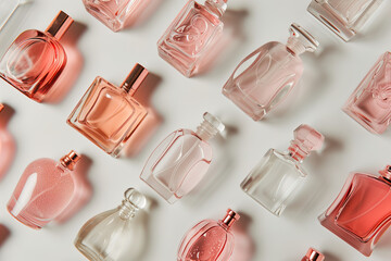 Transparent pink perfume bottles on light background, flat lay.