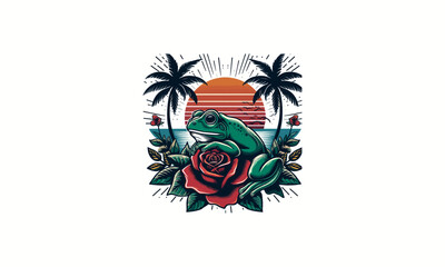 green frog and rose on beach sunset vector artwork design