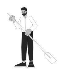 Formal wear black adult man holding paddle black and white 2D line cartoon character. African american male isolated vector outline person. Water paddleboarding monochromatic flat spot illustration