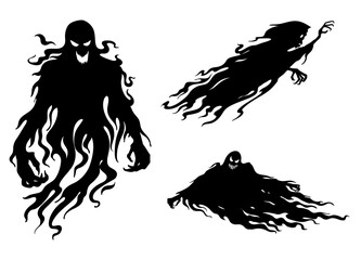 Silhouette of flying evil spirit in vector style. set of silhouettes of Halloween Ghosts. dark spirit, whisper ghost and fantasy. 