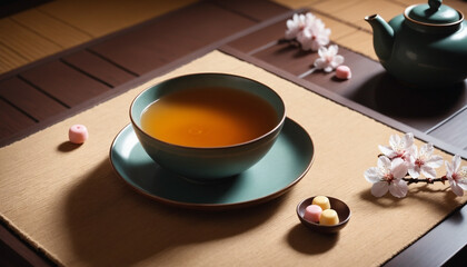 a set of tea pot under sakura  - obrazy, fototapety, plakaty