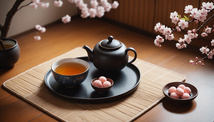 Obraz na płótnie Canvas a set of tea pot under sakura 