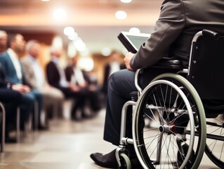 businessman sitting on a wheelchair and giving presentation to the audience in the auditorium