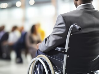 businessman sitting on a wheelchair and giving presentation to the audience in the auditorium