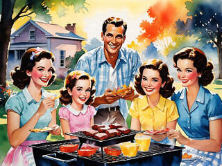 Watercolor illustration of American dream family 1950's Picnic Barbecue. with Halftone Pattern