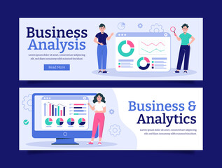 Hand drawn business analysis horizontal banner template collection with characters and graphics