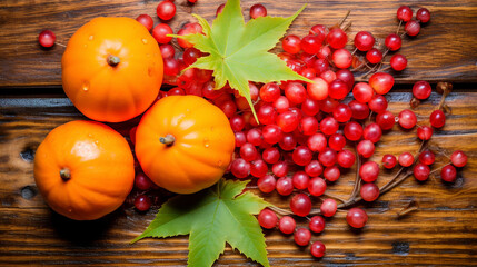 Naklejka na ściany i meble red currants on a wooden table HD 8K wallpaper Stock Photographic Image 
