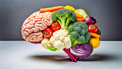 Human brain made of variety of colorful vegetables, concept of vegetarian, vegan, healthy nutrition - obrazy, fototapety, plakaty