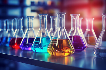 Laboratory flasks with colorful liquids on a blurred background