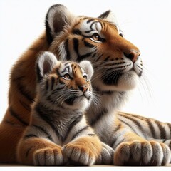 Obraz premium Tigress and tiger cub lie and look into the distance, isolated on a white background