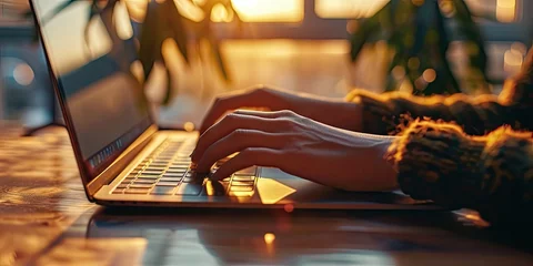 Foto op Canvas Closeup of businessman hands typing on laptop keyboard showcasing concept of online communication remote work and digital lifestyle of modern professional © Wuttichai