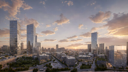 Modern metropolis, city skyline, urban buildings, green city at sunset