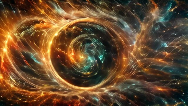 A swirling nebula, with flowing, fire-like light and colors depicting the dynamism of space.
