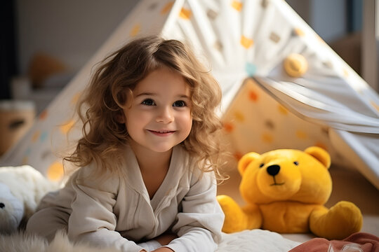 Side View Of Mother Playing With Laughing Baby Girl Lying On Her Knees Spending Time At Home