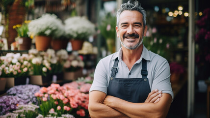 Happy middle aged male florist standing in his flower shop - obrazy, fototapety, plakaty