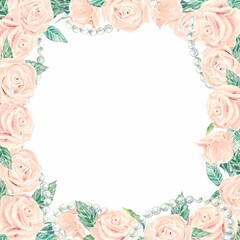 Pink roses frame watercolor. Flowers illustration isolated on white background. Wedding invitations, cards, labels, Valentines Day, greeting cards.