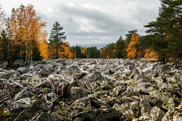 the world's largest stone river in Taganay National Park in autumn