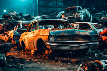 Old rusty corroded cars in car scrapyard. Car recycling.