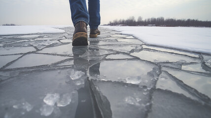 Walking on ice that is too thin and the ice has cracks.