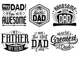 Father's Day Quote Element Design. Super dad emblems labels prints set. Happy Fathers Day lettering calligraphic compositions. great set collection Black vector illustration on white background V2. 
