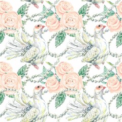 Pink roses, doves, seamless pattern, watercolor, isolated on white background. Wedding invitations, covers, wrapping paper, wallpaper, textiles.