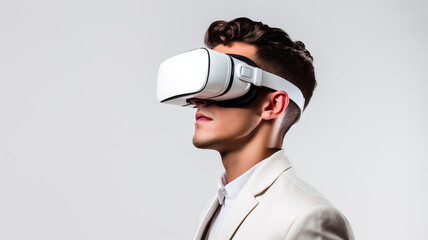 Young man using virtual reality headset isolated on white background